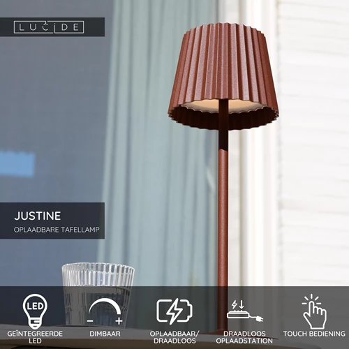 Lucide JUSTINE - Oplaadbare Tafellamp Binnen/Buiten - Accu/Batterij - LED Dimb. - 1x2W 2700K - IP54 - Met draadloos oplaadstation - Roest bruin - USP